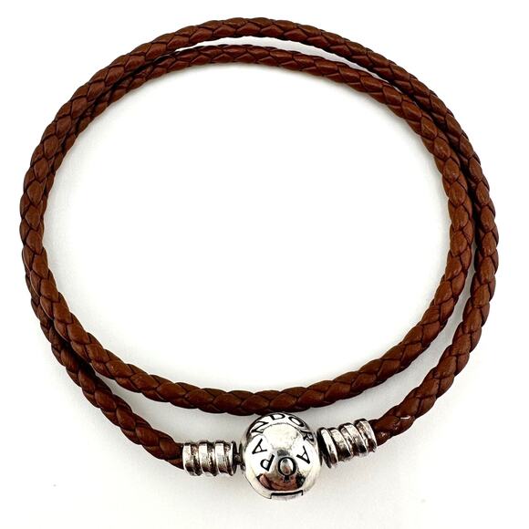 Pandora 925 Sterling Silver Medium Brown Braided Leather Wrap Charm 14” Bracelet - Picture 5 of 8